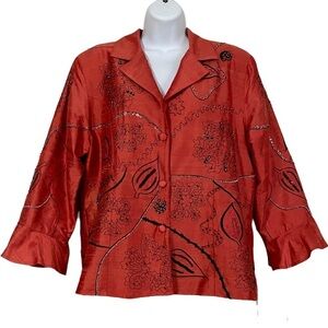 Orange Silk Button-down Blazer Jacket Top Large Artsy Beaded